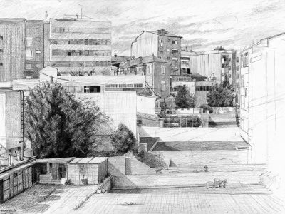 Vista das Traseiras da Rua Nau Trindade, Porto, 2012.
Grafite s\ Papel, 30x42 cm